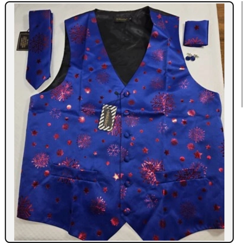 DiBanGu Blue W/Red Snowflake Print Vest & Tie Set 6 PCS Size M